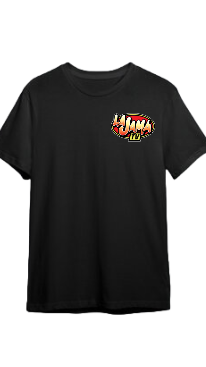 Black t-shirt with 'La Jama' logo printed on the front.